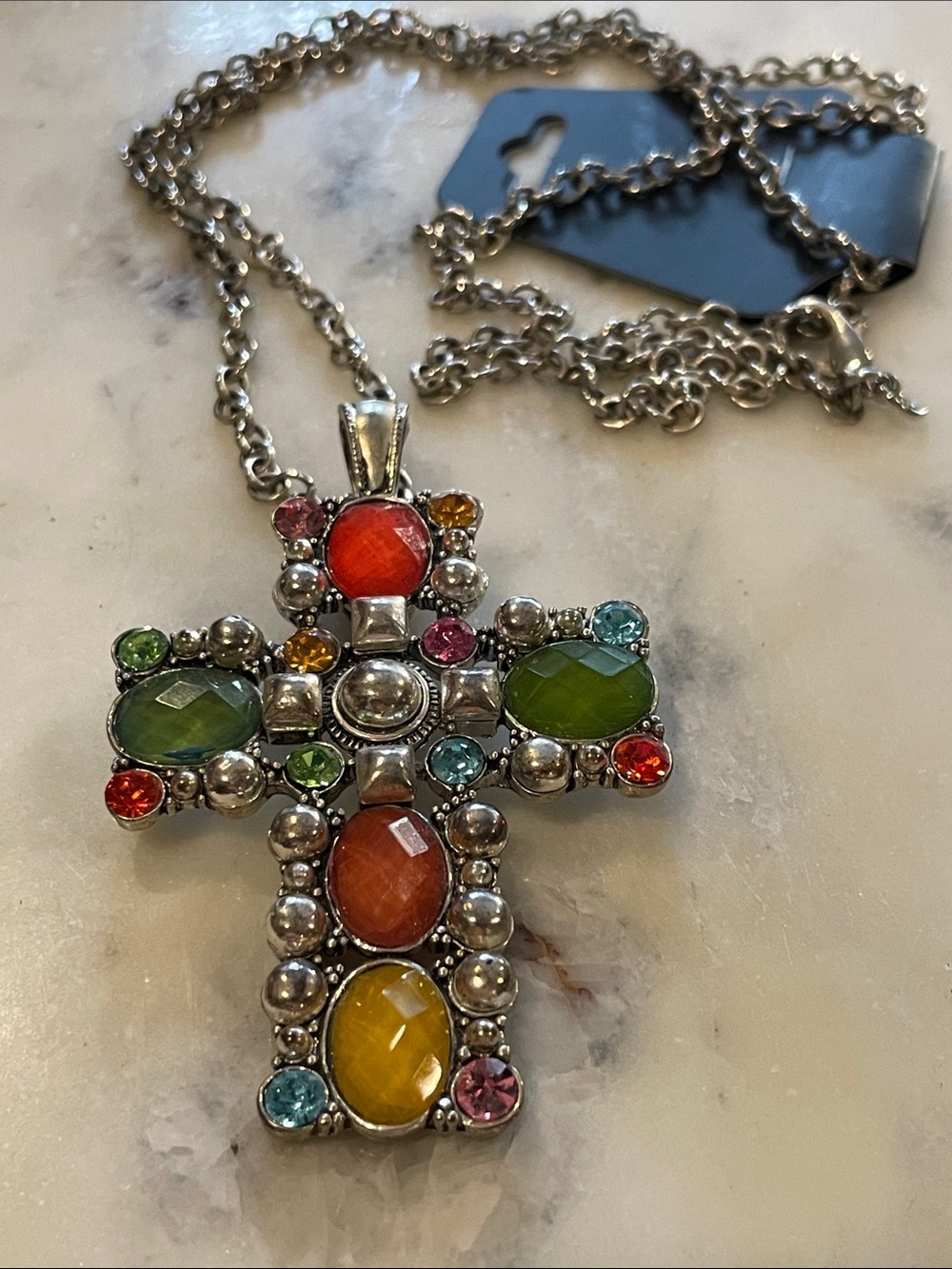 Colorful Multi-Gem Cross Pendant Necklace - Multicolor